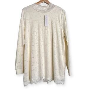 NWT Soft Surroundings Cream Lace Mock Neck Sheer Sleeve Tunic Blouse Women's L